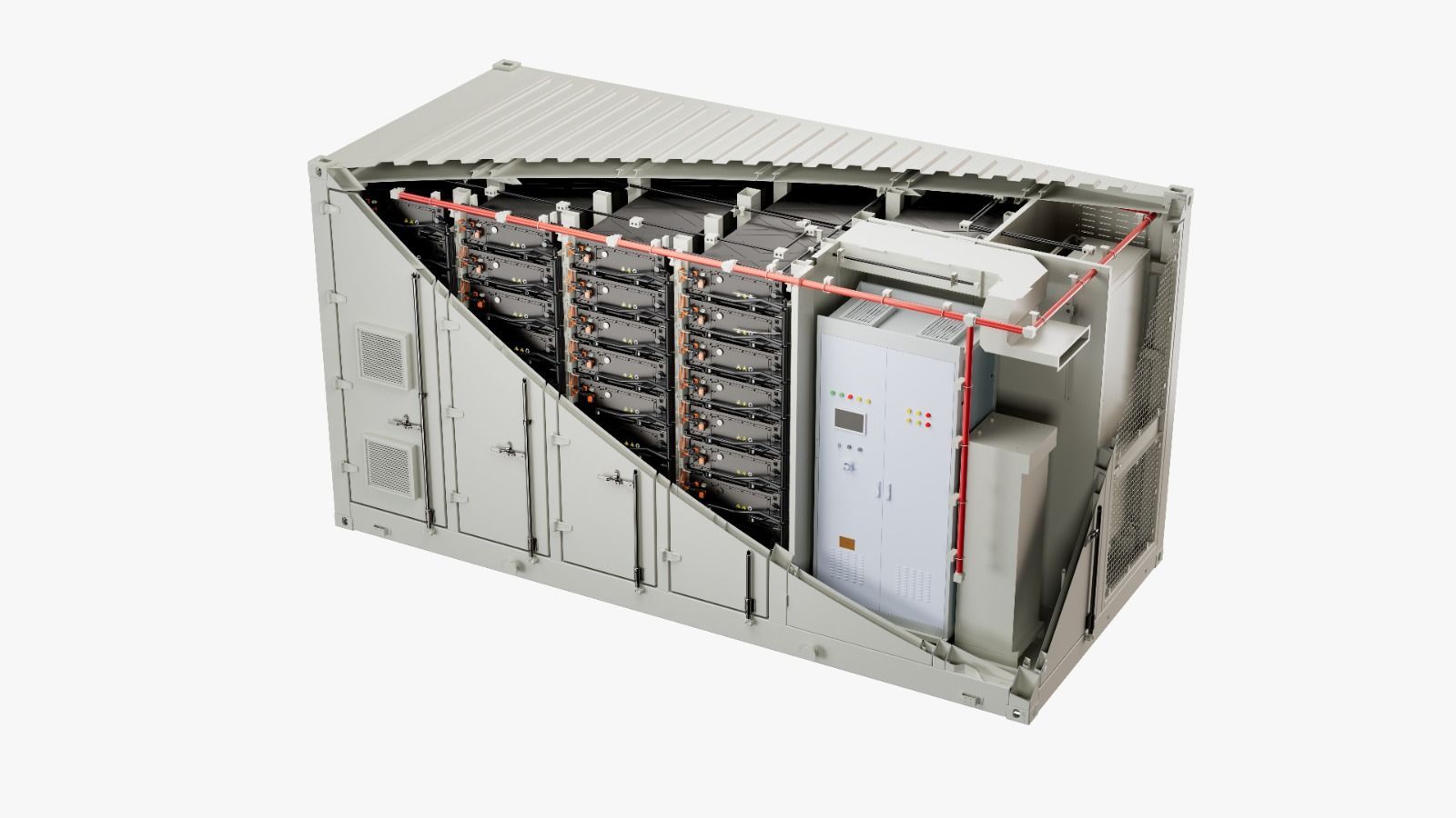 Baie de serveurs partiellement ouverte, laissant apparaître plusieurs modules fermés contenant divers composants et câblages.