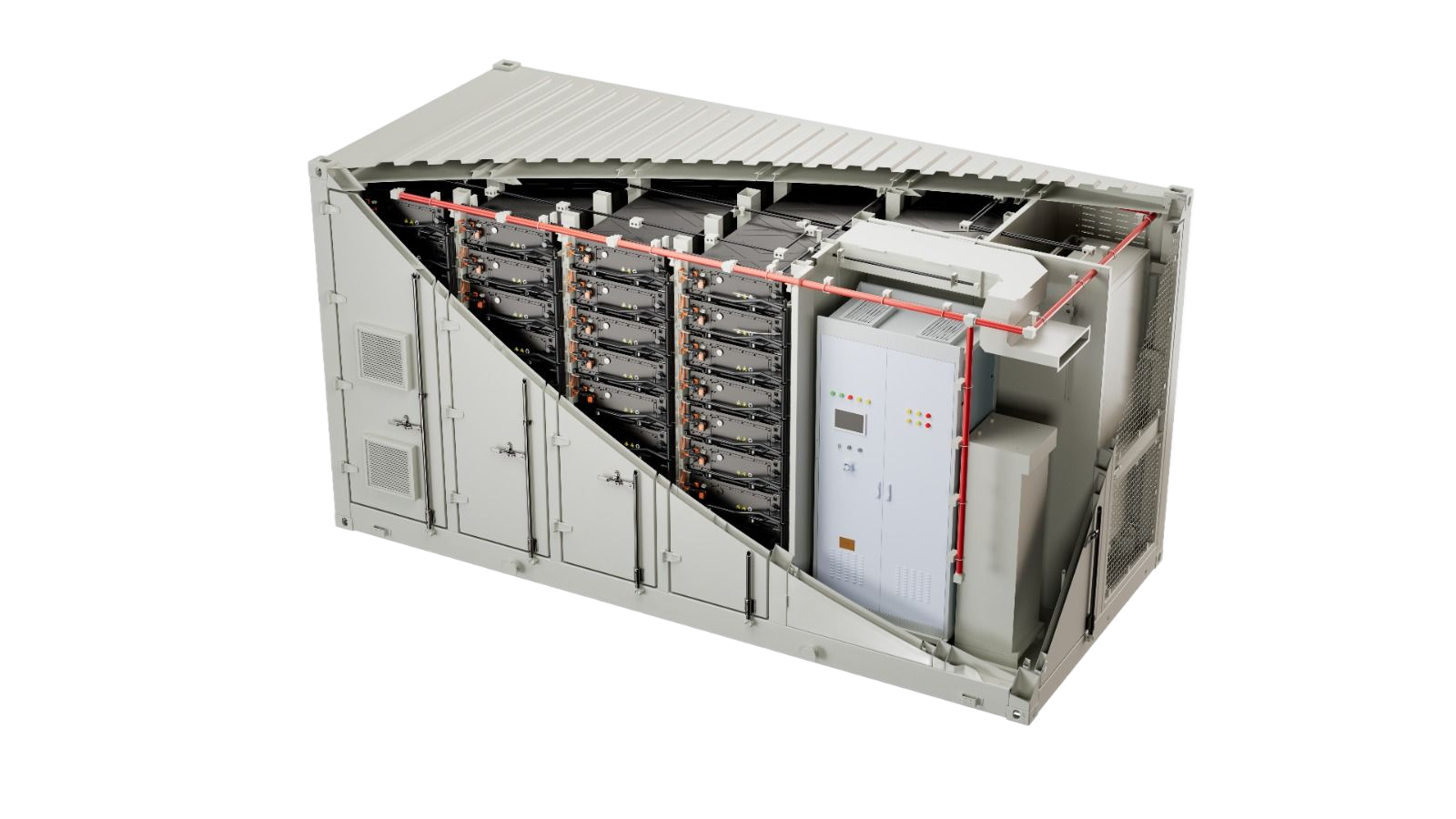 Conteneur métallique abritant plusieurs baies de serveurs, probablement un centre de données ou une infrastructure similaire.