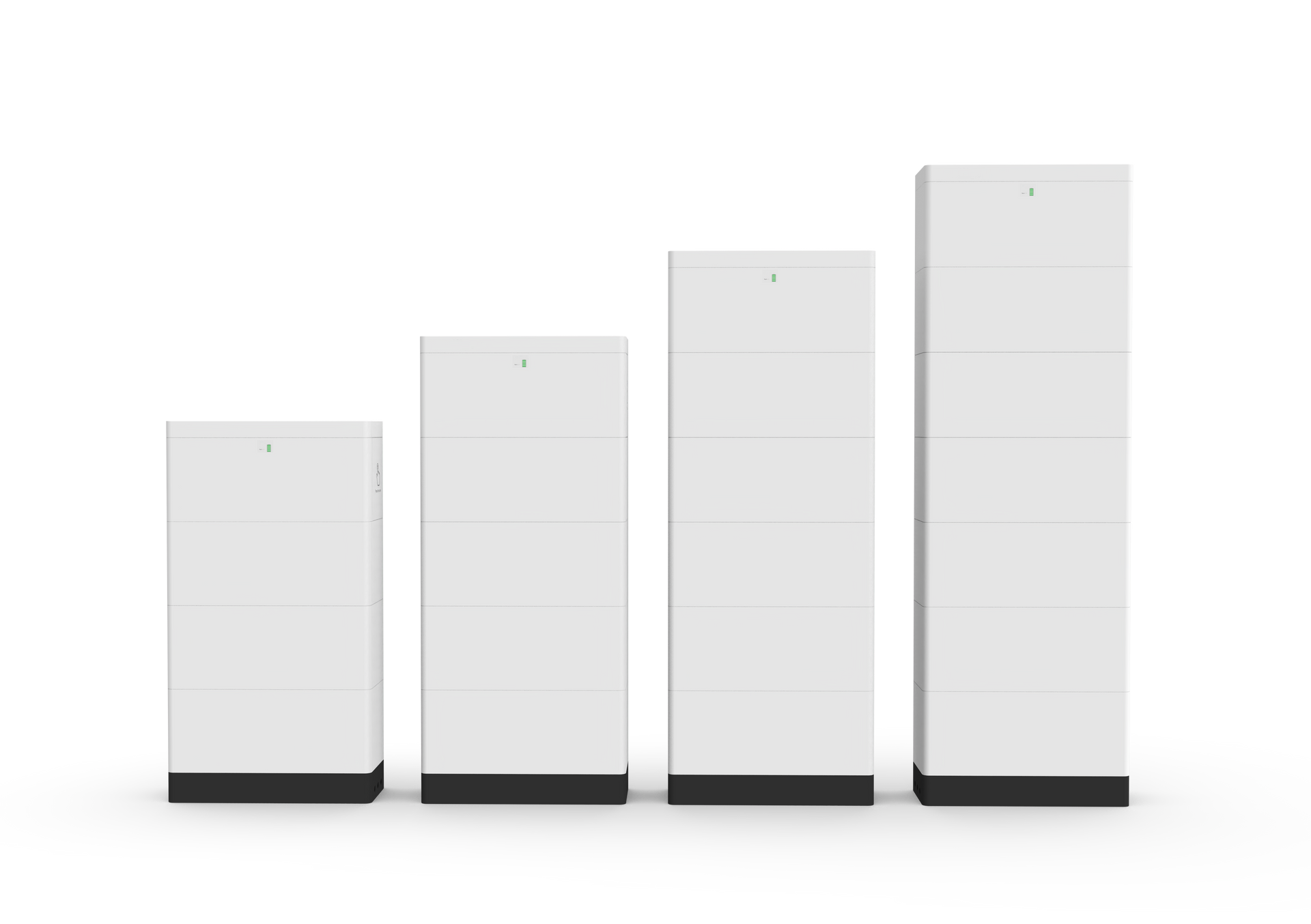 Quatre armoires rectangulaires blanches de hauteur croissante, sur des socles noirs.