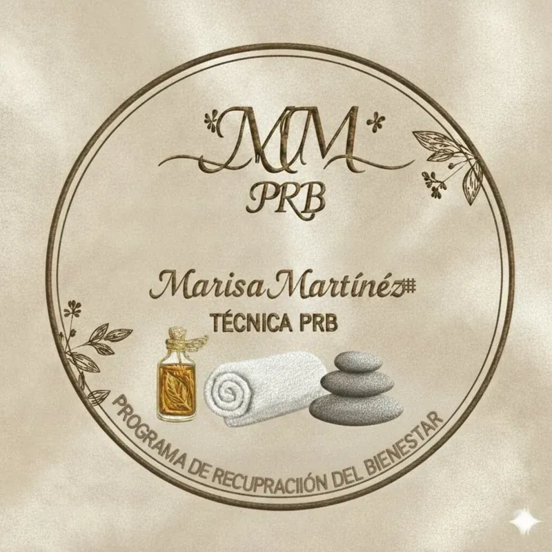 Logotipo redondo: &ldquo;MM&rdquo; y &ldquo;PRB&rdquo;, &ldquo;Marisa Mart&iacute;nez&rdquo; con aceitera, toalla y piedras apiladas.