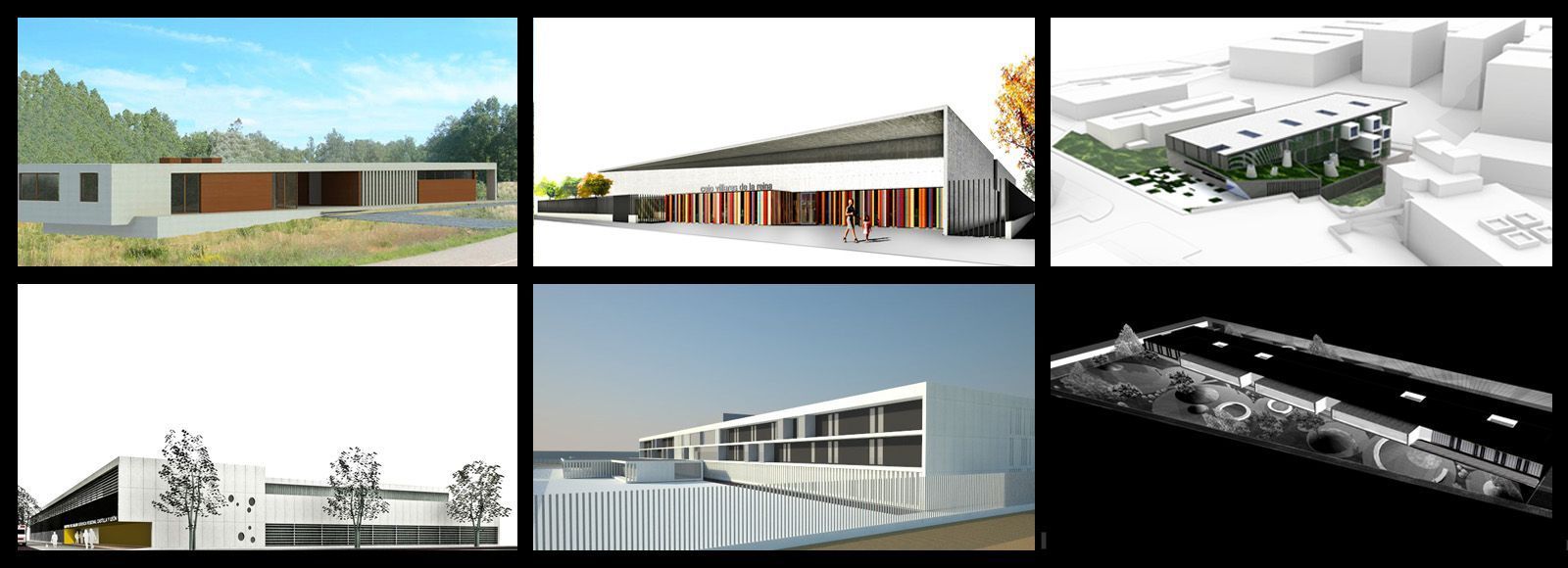 Un collage de imágenes de edificios que incluye un modelo 3D.