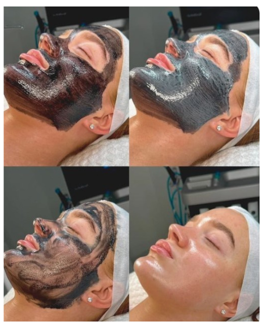 Una mujer se pone una máscara blanca en la cara.