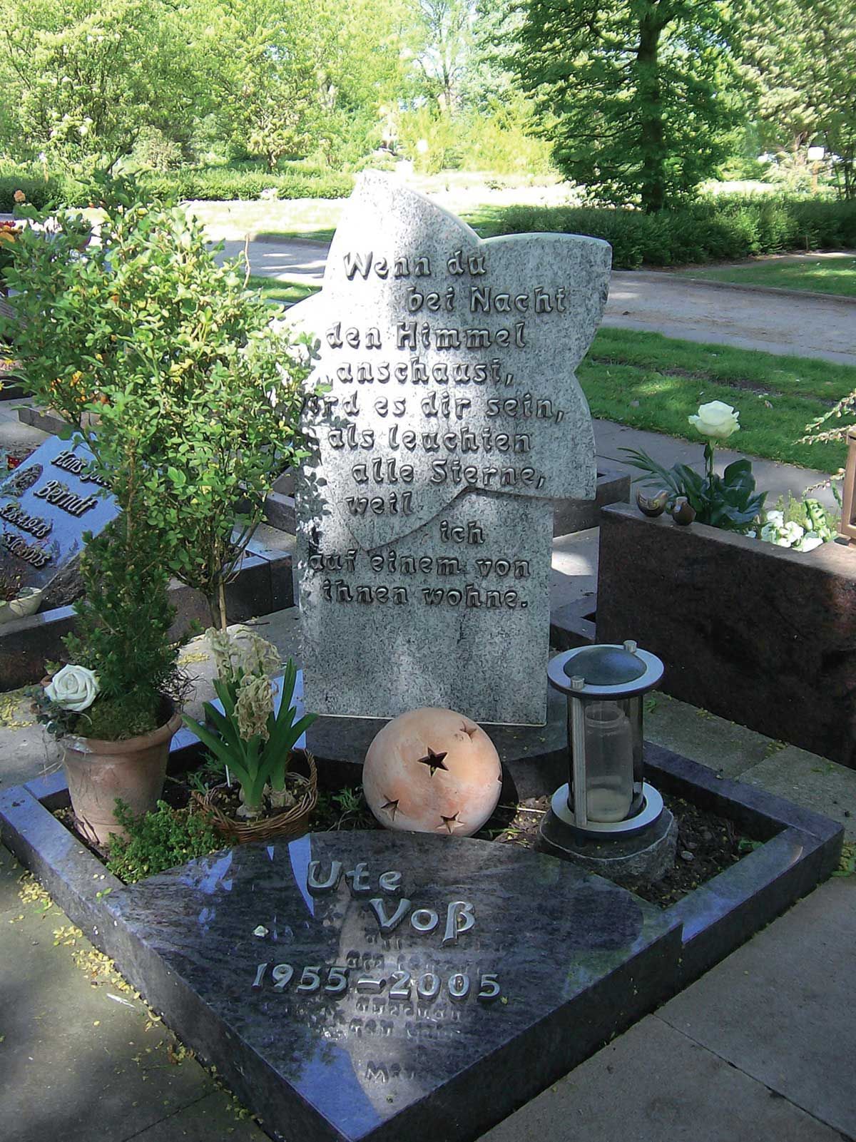 Grab mit Grabstein in Sternform und mit Beschriftung, Pflanzen und Leuchte