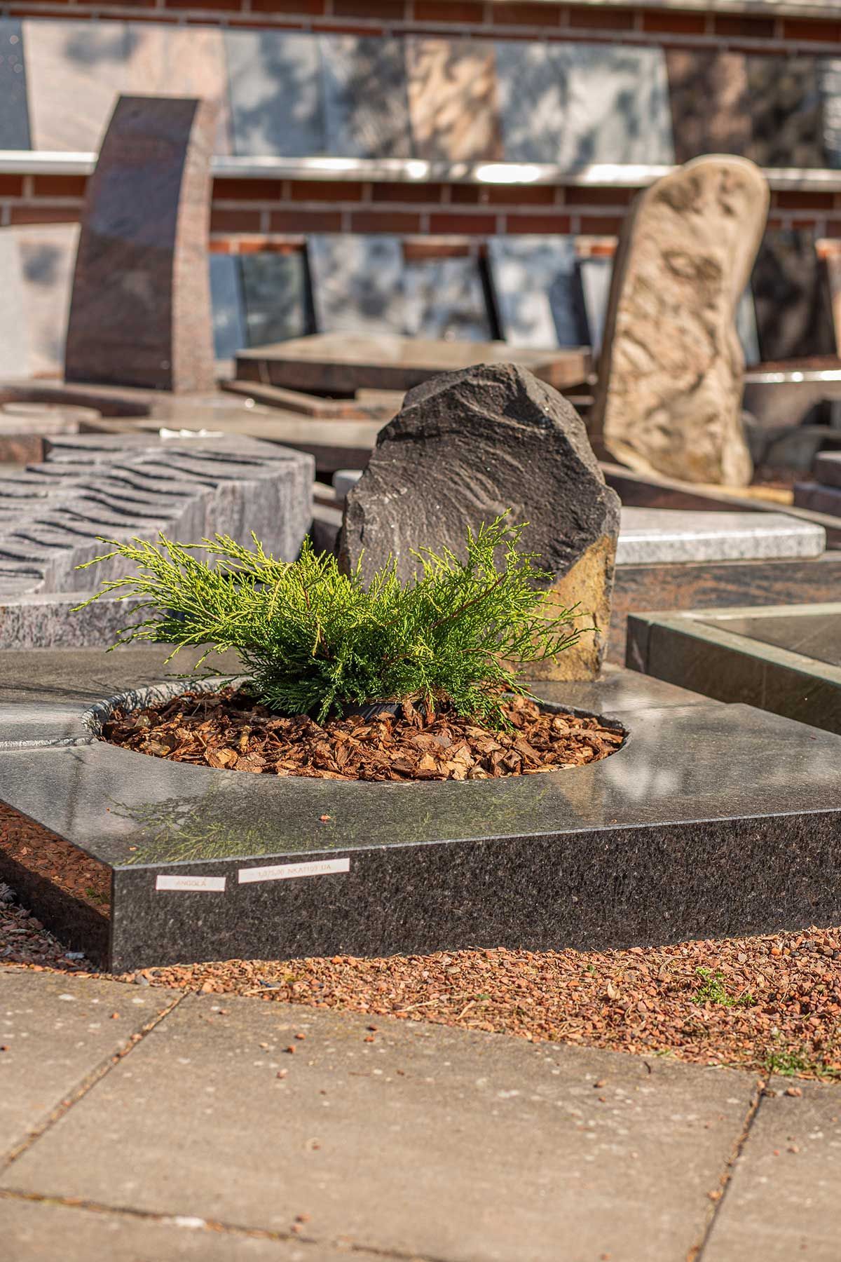 Grab mit Steinplatte, Pflanze und naturbelassenem Stein