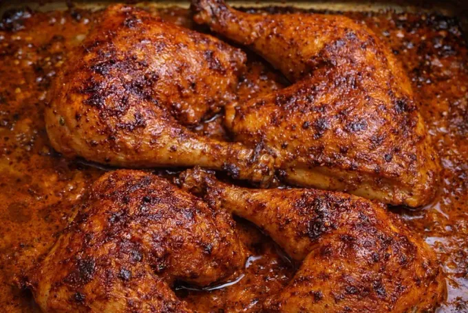 Piernas de pollo asadas en una fuente para horno, doradas y jugosas.