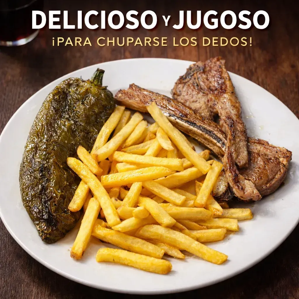 Plato con chuletas de cordero a la plancha, patatas fritas y un pimiento asado.