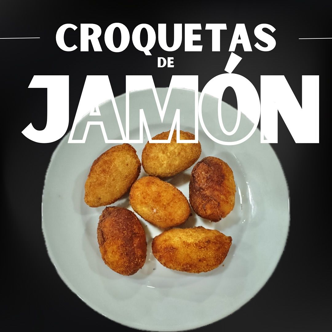 Croquetas de Jamón on a white plate, fried golden-brown. Black background, text 