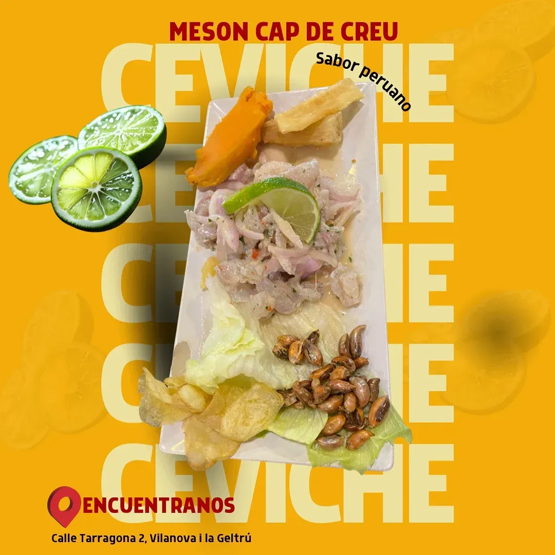 Plato de ceviche peruano con limones, fondo amarillo, texto 