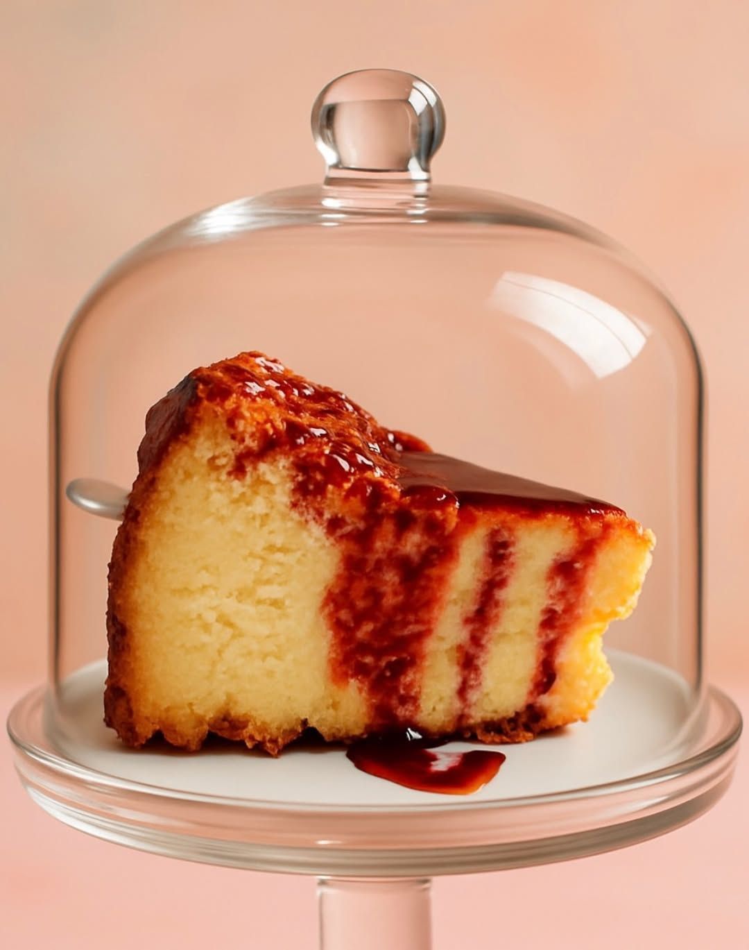 Rebanada de tarta de queso con salsa roja bajo una cúpula de cristal sobre un soporte rosa.