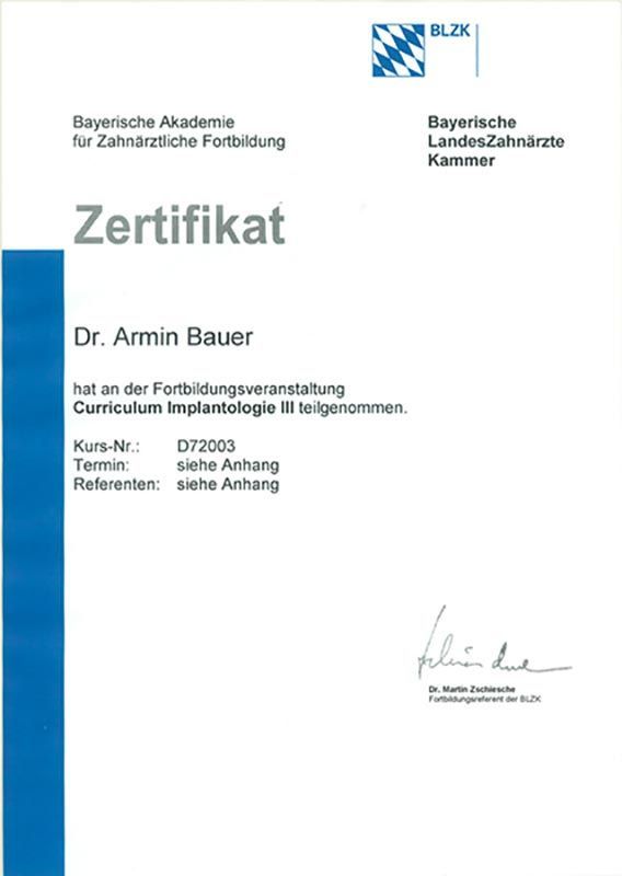 Zertifikat Dr. Armin Bauer