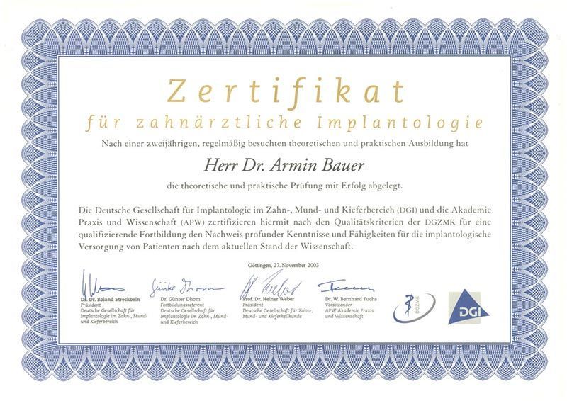 Zertifikat Dr. Armin Bauer