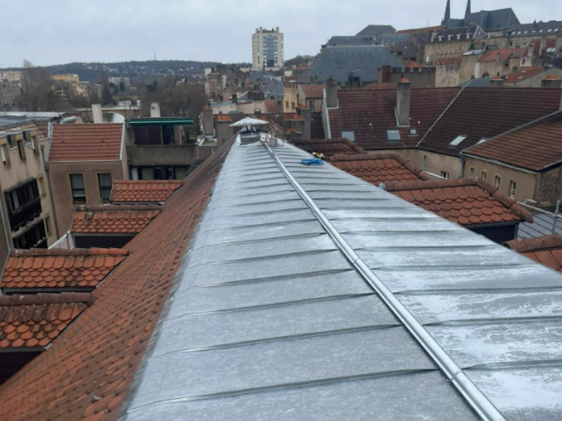 Vue depuis un toit : toit métallique avec un bâtiment en arrière-plan.