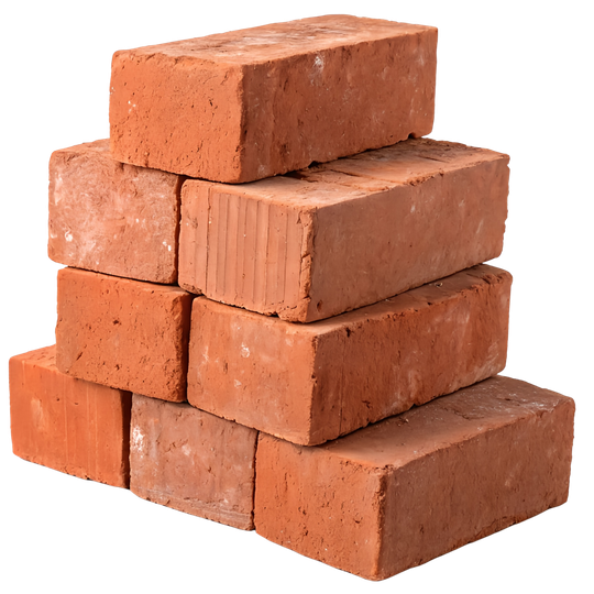 Pile de briques d’argile rouge sur fond blanc.