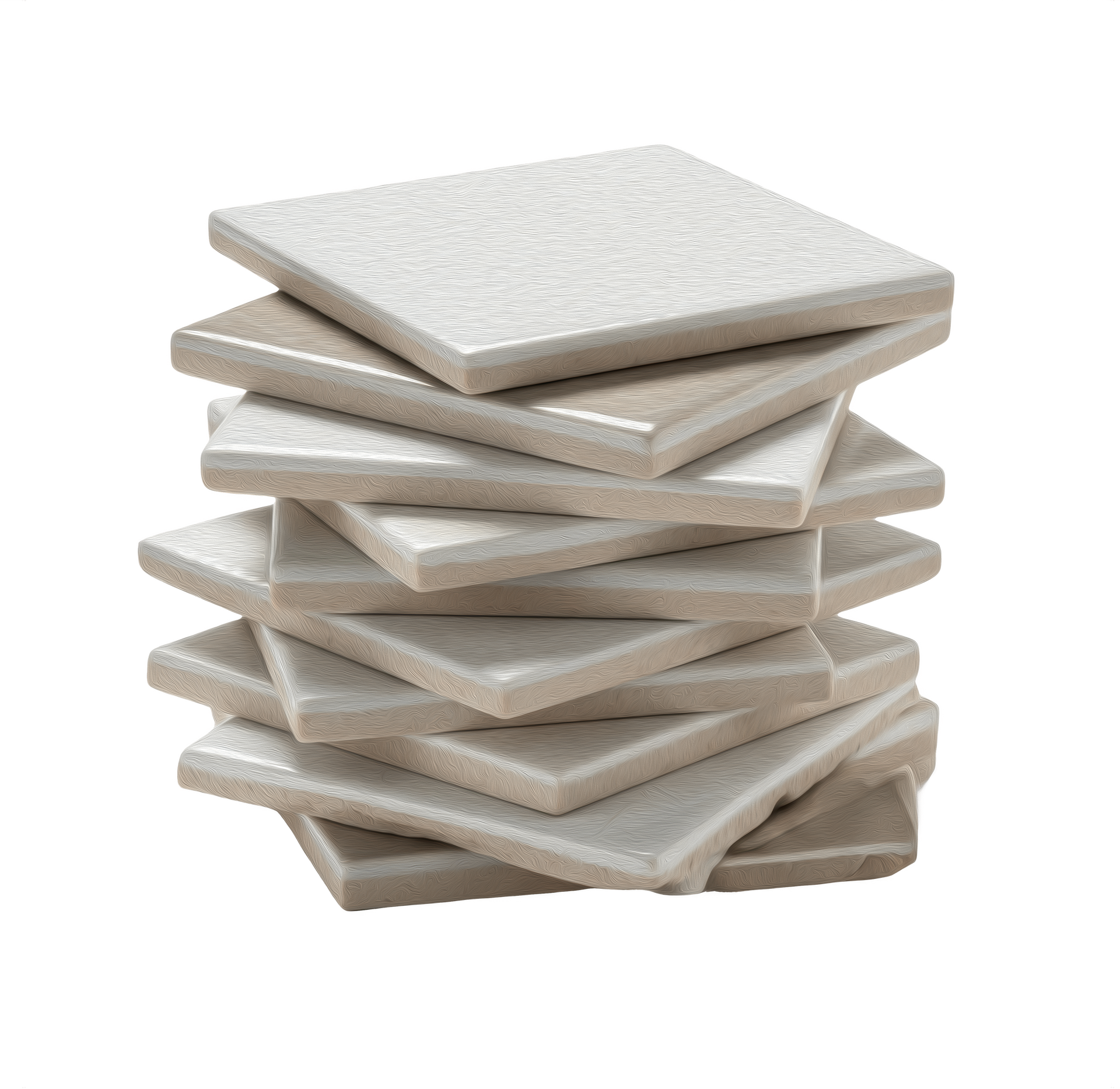Pile de carreaux carrés blancs en céramique, légèrement irrégulière.