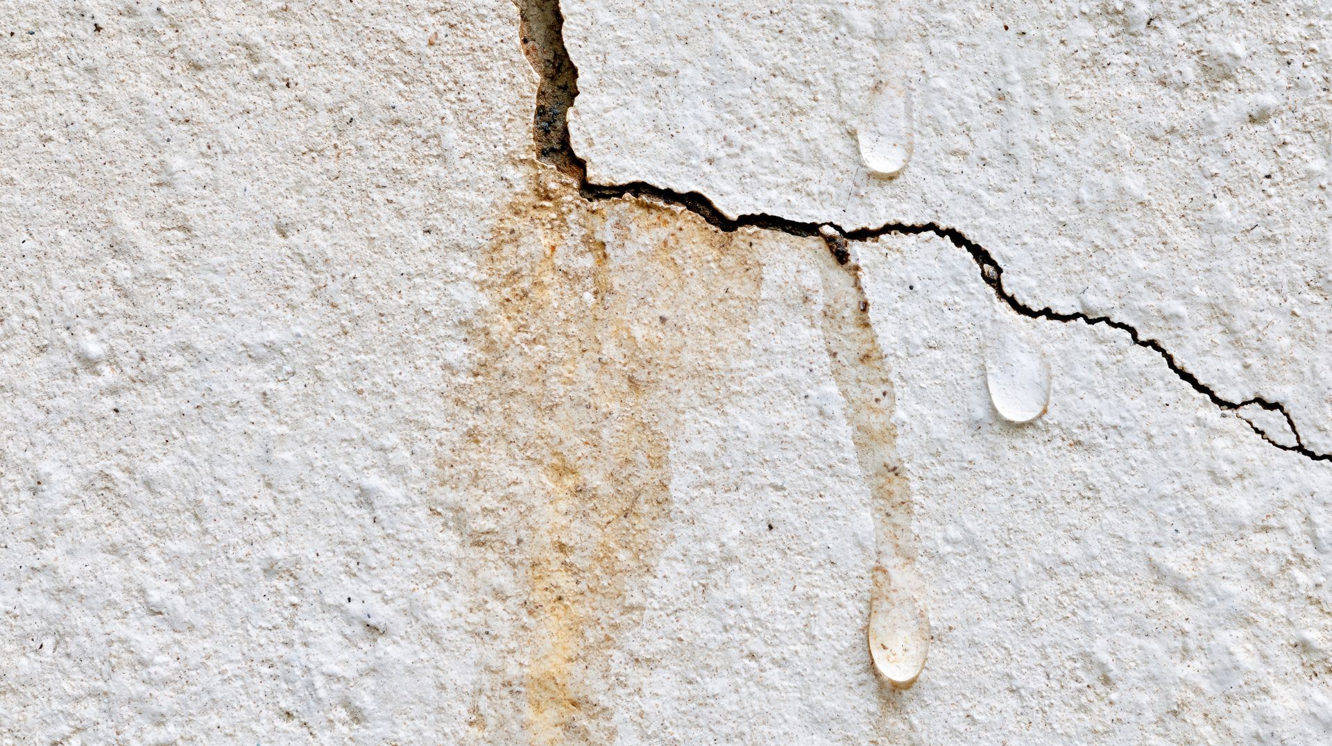 Mur blanc fissuré, avec des traces d’humidité et du plâtre qui s’écaille.