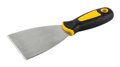 Couteau à mastic noir et jaune avec une lame en métal, posé en biais sur un fond blanc.