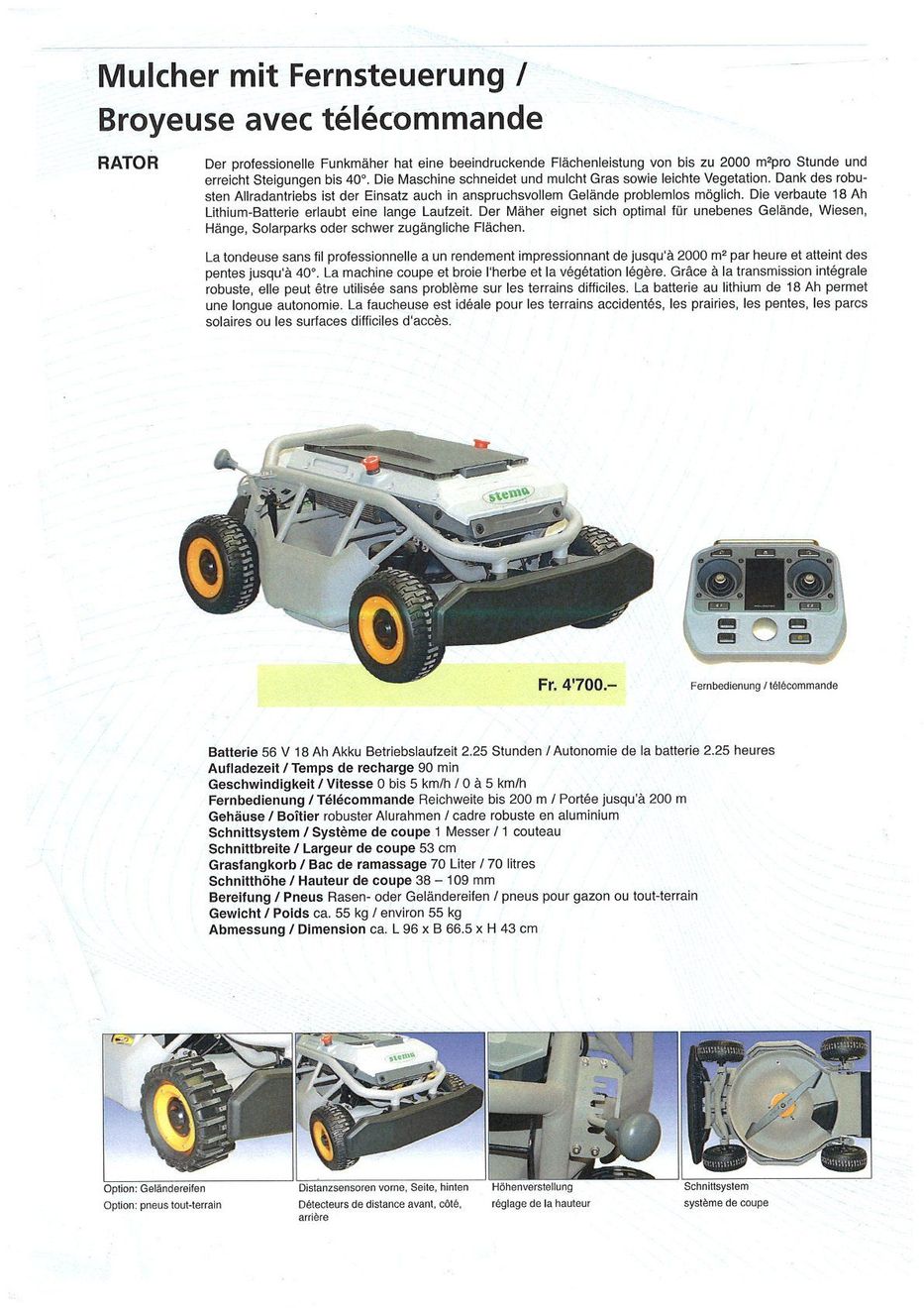 Rasenmäher mit grauem Gehäuse, gelben Rädern und mitgeliefertem Sender, der technische Details und Funktionen zeigt.