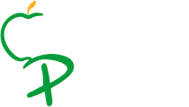 Logo de pomme verte stylisée avec une feuille jaune sur fond blanc
