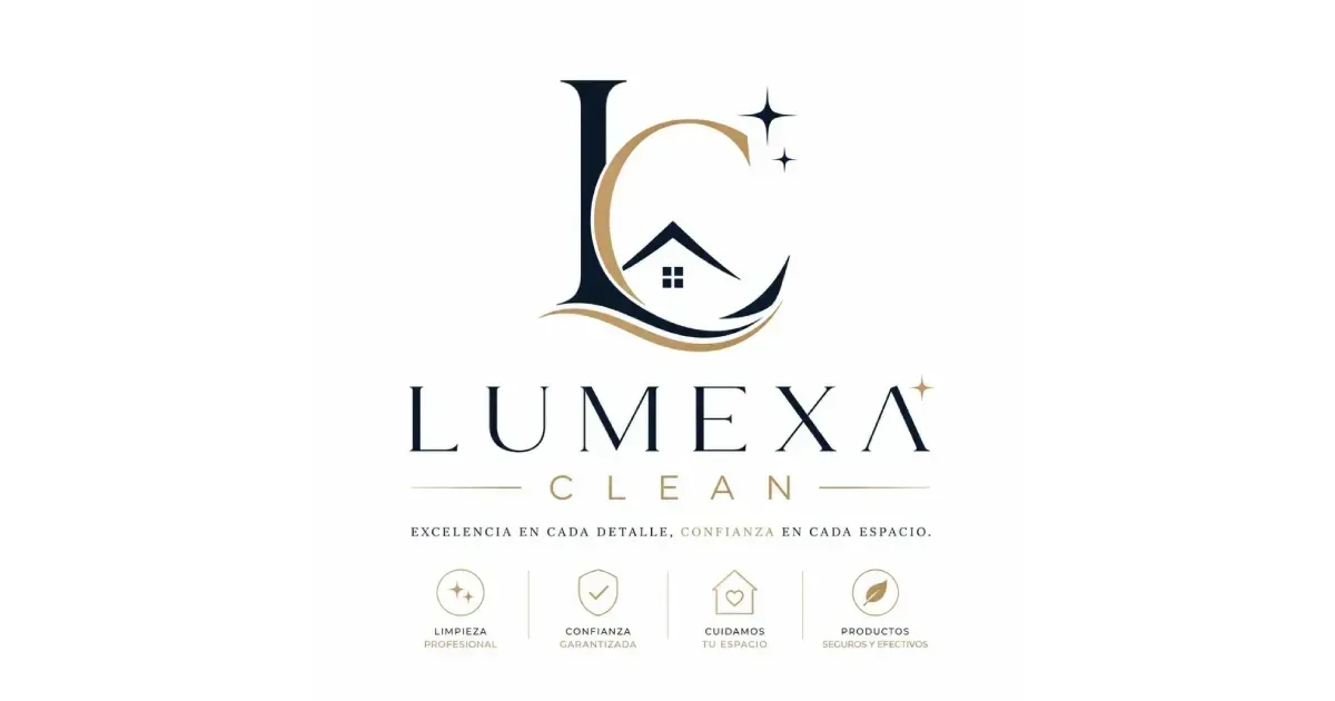 Logotipo de LUMEXA Clean con una casa estilizada y detalles brillantes sobre un fondo blanco