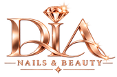 DIA Nails & Beauty Logo in Kupfer mit Diamantsymbol und eleganter Serifenschrift