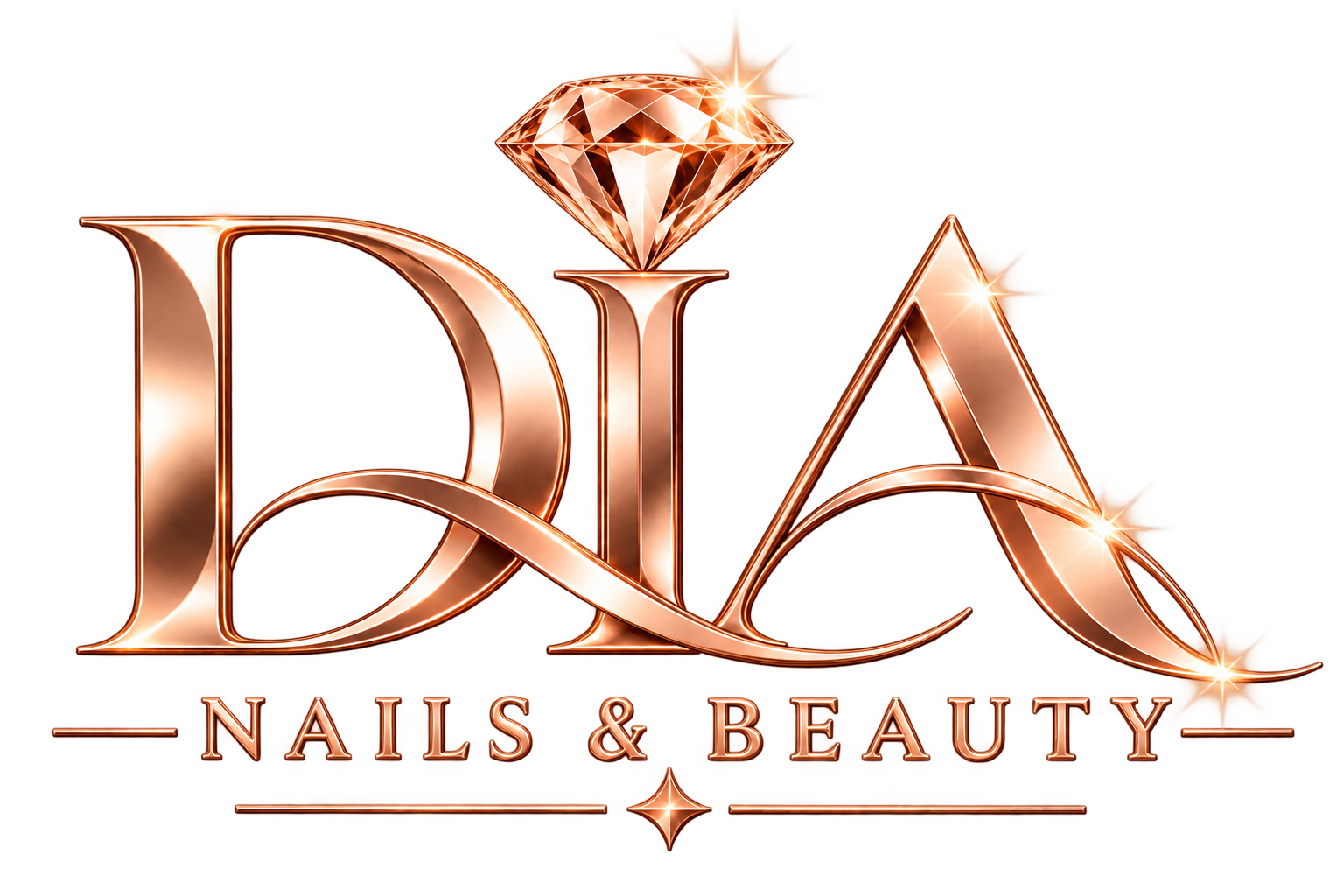 DIA Nails & Beauty Logo in Kupfer mit Diamantsymbol und eleganter Serifenschrift