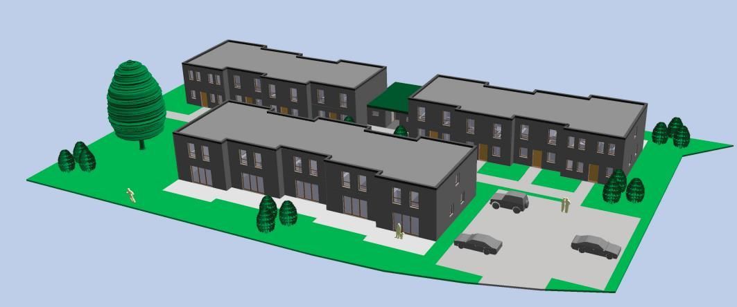 Luftaufnahme eines kleinen Apartmentkomplexes mit dunklen Gebäuden, Bäumen und Parkplätzen auf einem grünen Gelände