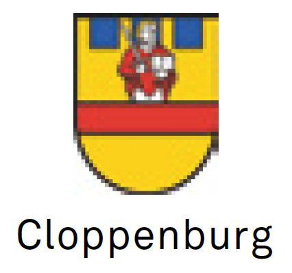 Ein gelb-rotes Wappen mit dem Wort Cloppenburg darunter.