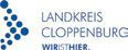 Ein Logo für den Landkreis Cloppenburg mit blauen Punkten auf weißem Hintergrund.
