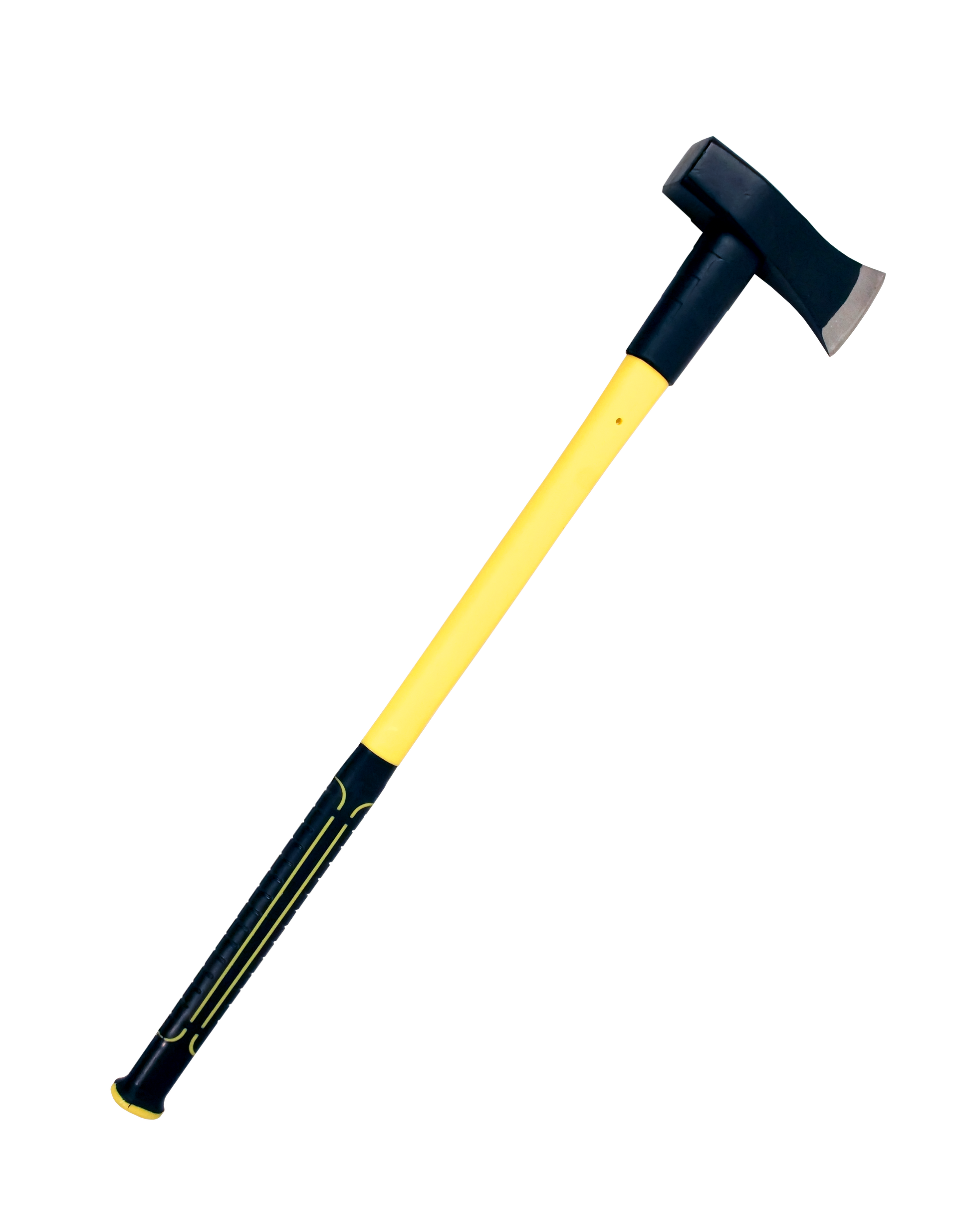 Une hache avec un manche jaune et noir.