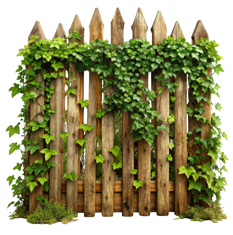 Une clôture en bois recouverte de lierre vert.