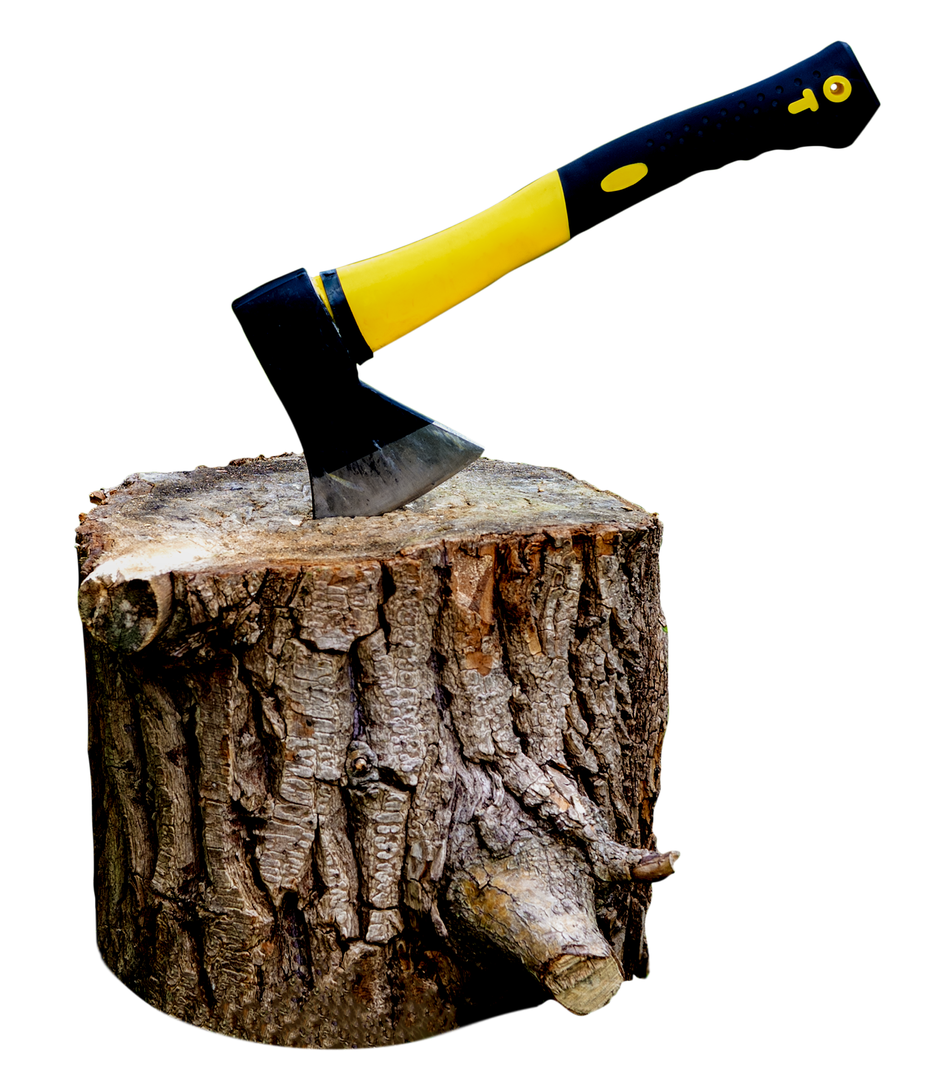 Une hache avec un manche jaune et noir, posée sur une bûche de bois.