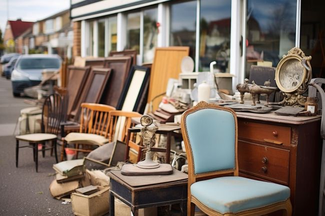 Mobilier et objets de décoration vintage variés exposés devant un magasin, notamment des chaises, des tables et un miroir.