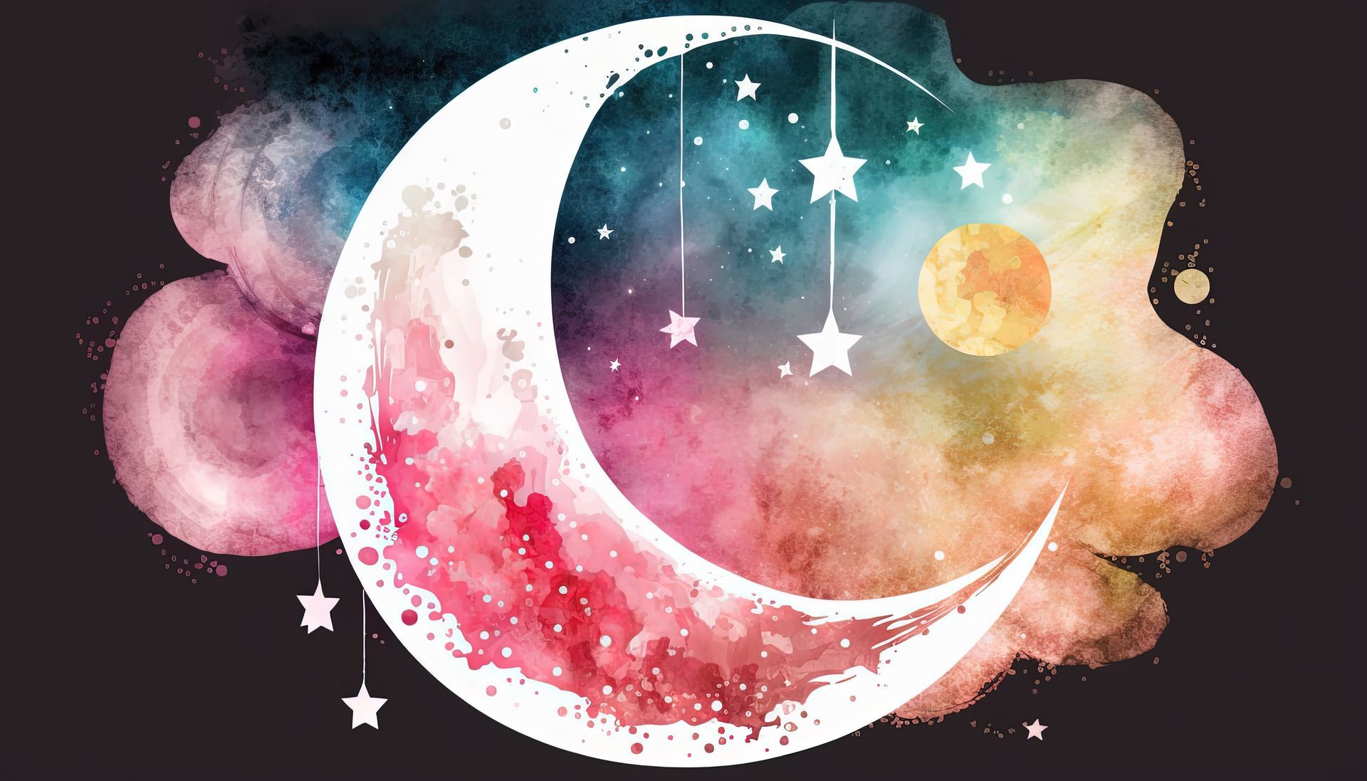 Croissant de lune sur ciel étoilé et coloré