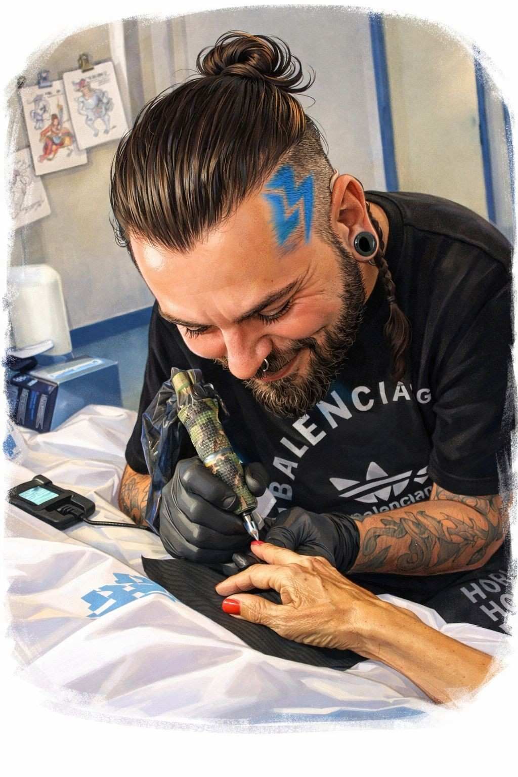 Un artista tatuado con un diseño de cuero cabelludo azul usa una máquina de tatuar en la mano de una persona 