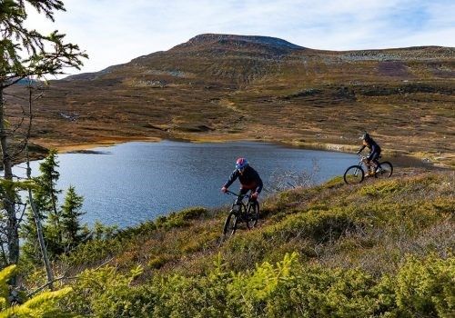 Zwei Personen fahren mit dem Fahrrad auf einem Weg in der Nähe eines Sees.