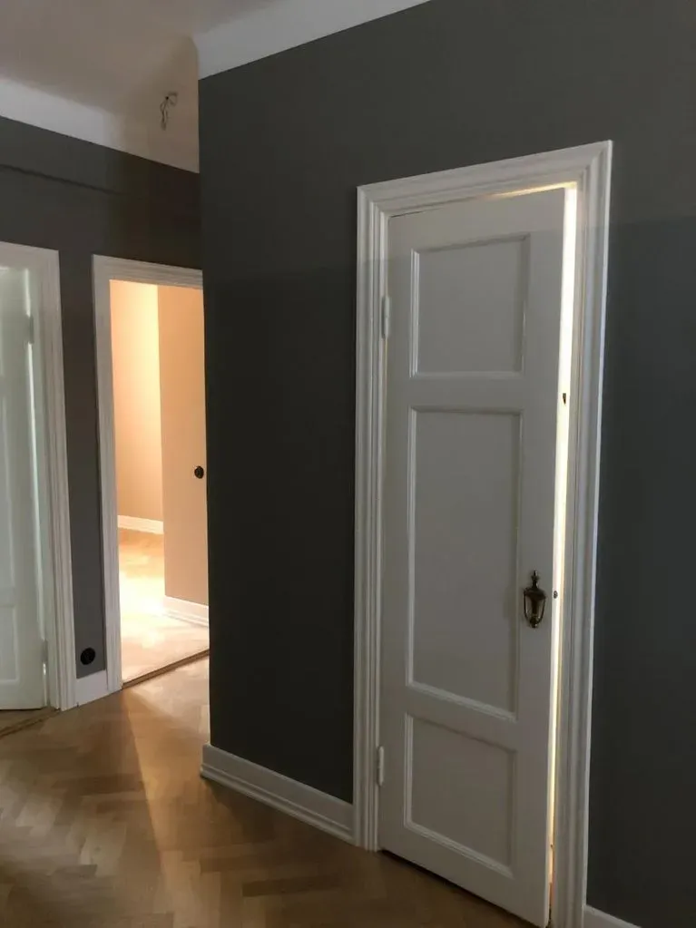 Harmaa seinä ja valkoinen ovi