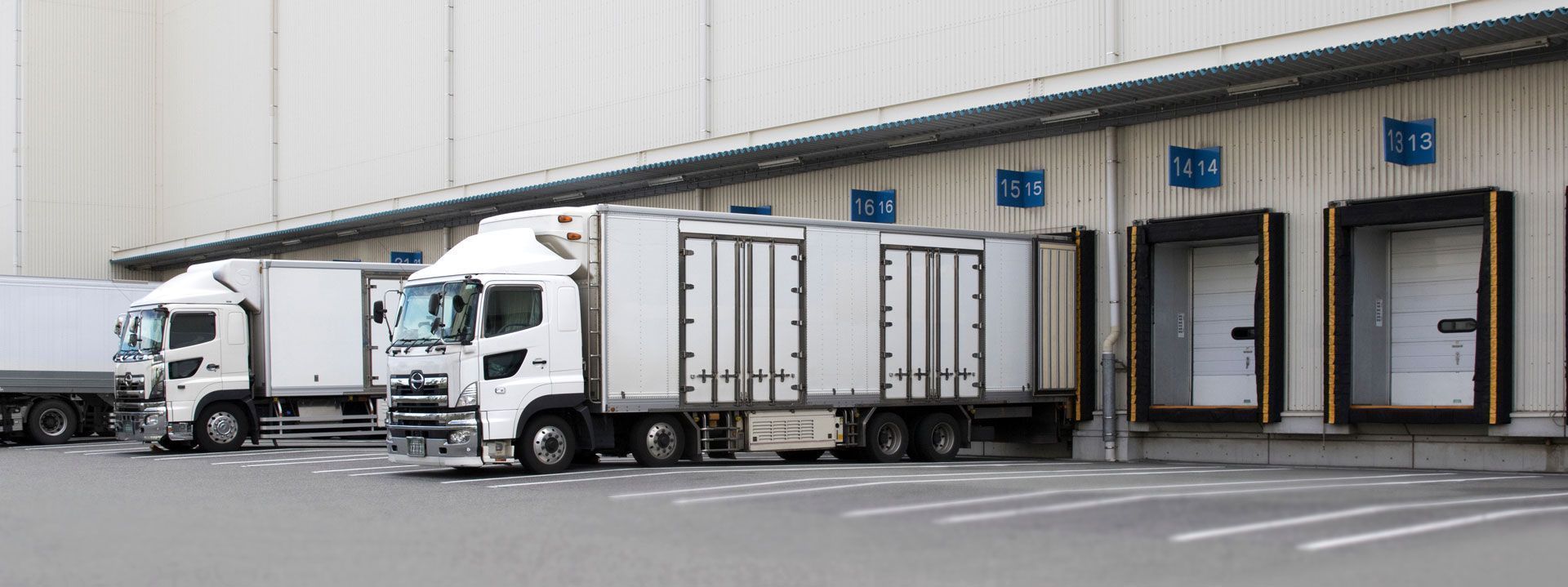 Des camions blancs sont stationnés sur un quai de chargement d'entrepôt comportant plusieurs baies ouvertes.