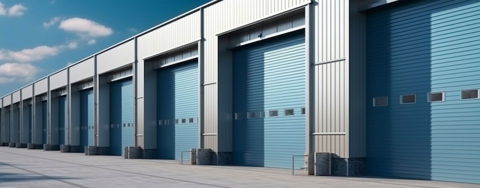 Une rangée de grands entrepôts industriels aux portes roulantes bleues se détachant sur un ciel d'un bleu éclatant.