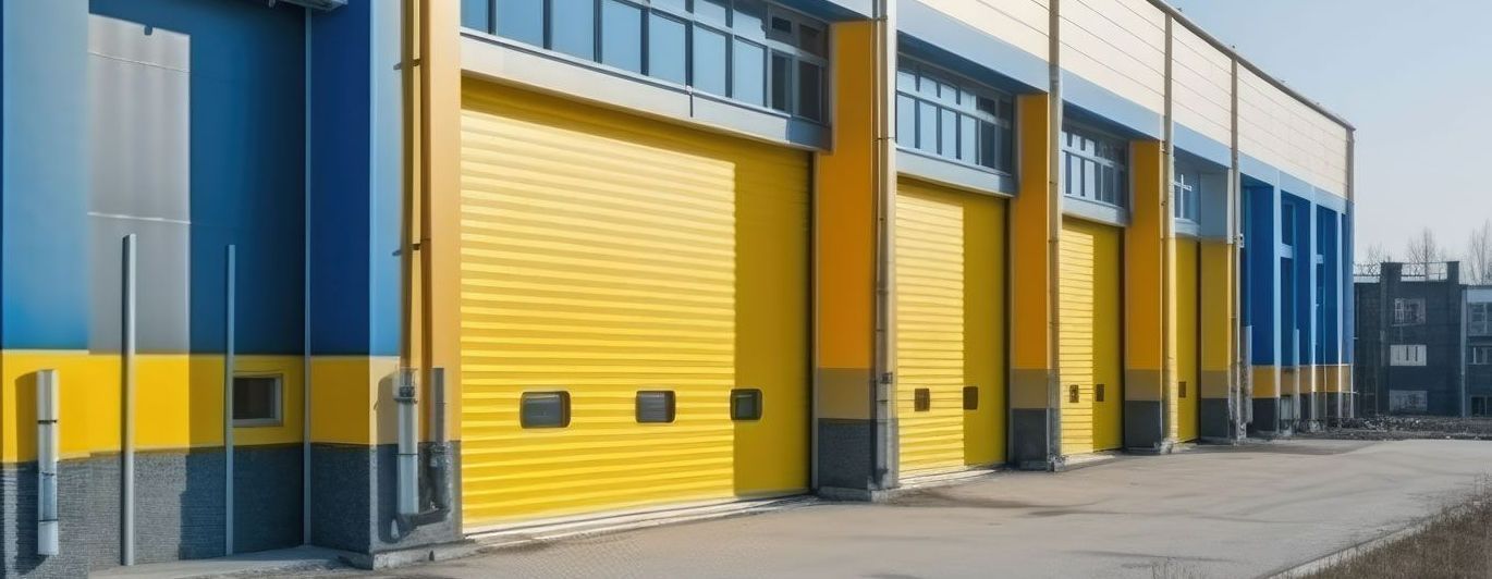 Un bâtiment industriel moderne avec de grandes portes roulantes jaunes et des murs extérieurs bleus et jaunes.