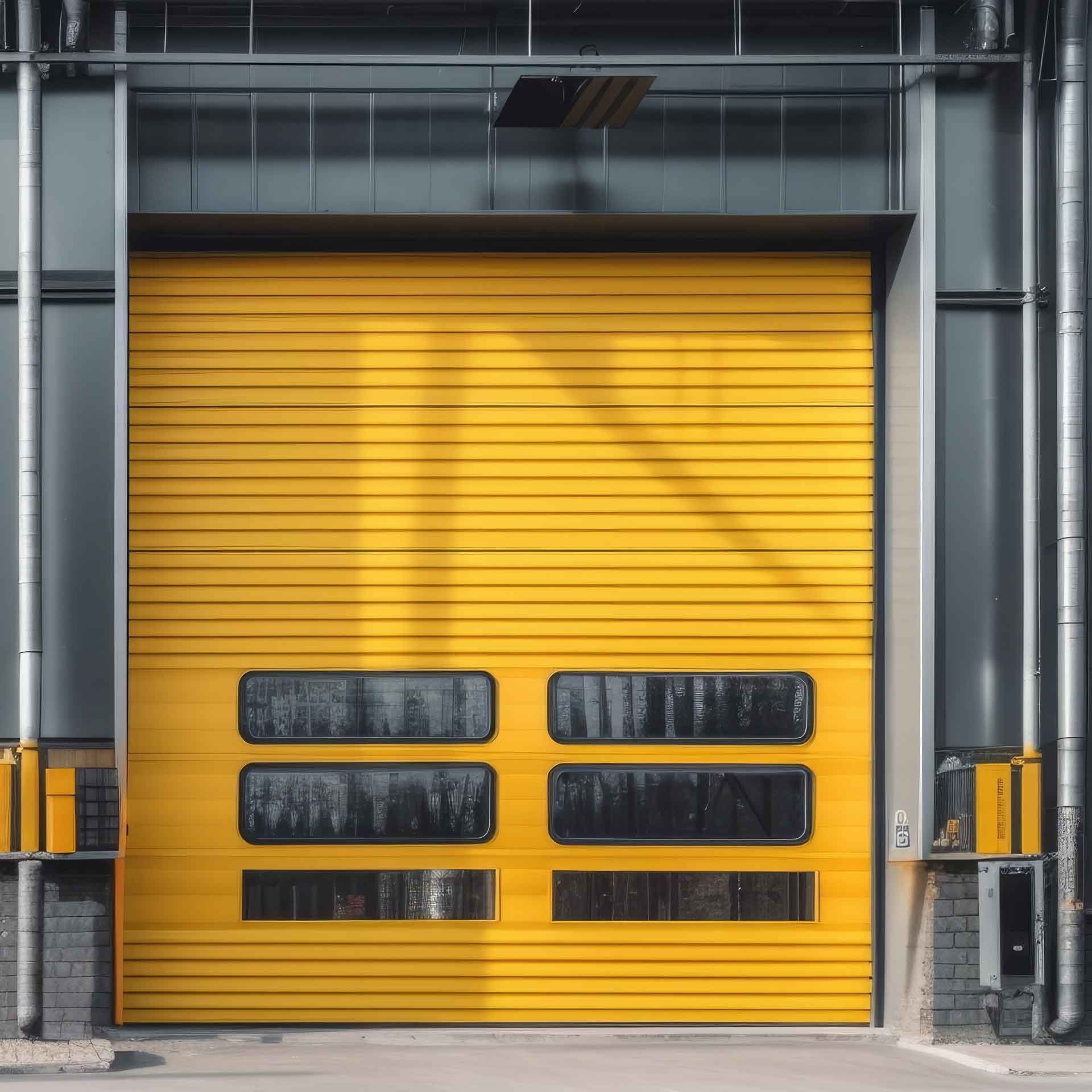 Une porte sectionnelle industrielle jaune avec trois rangées de fenêtres rectangulaires, intégrée dans un cadre de bâtiment gris foncé.