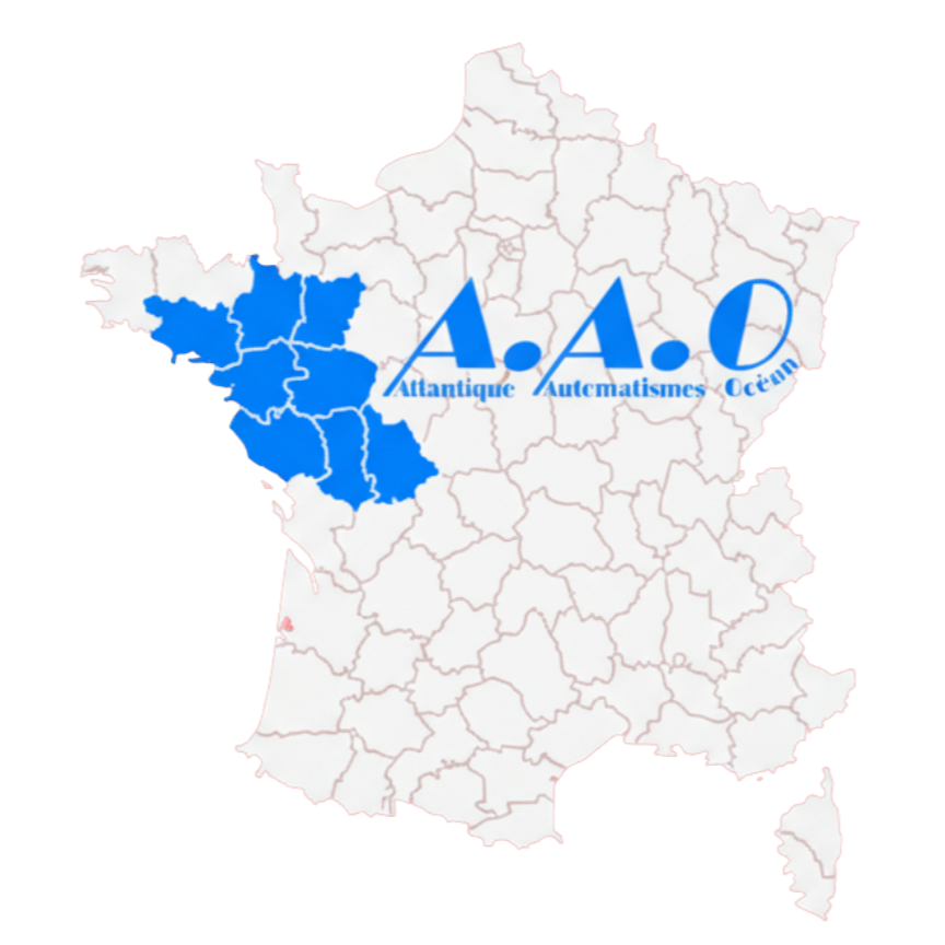 Une carte de France avec la région ouest mise en évidence en bleu, portant le logo bleu AAO Atlantique Automatismes Océan.