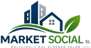 Logotipo de Market Social SL con edificios azules, una casa, una hoja verde y el eslogan &laquo;Soluciones que generan valor&raquo;