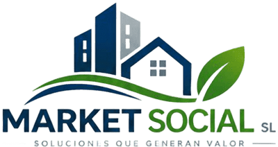 Logotipo de Market Social SL con edificios azules, una casa, una hoja verde y el eslogan &laquo;Soluciones que generan valor&raquo;
