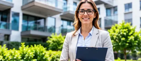 Profesional sonriente con una carpeta sujetapapeles frente a unos modernos edificios de apartamentos