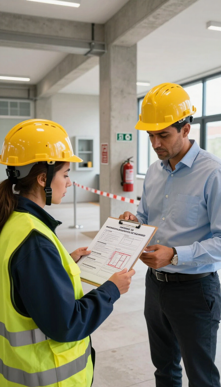 Dos obreros de la construcción con cascos revisan unos documentos en una obra sin terminar