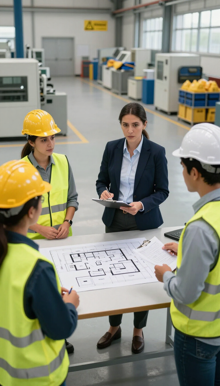 Un equipo de trabajadores con cascos de seguridad revisa unos planos junto a un gerente en un taller industrial