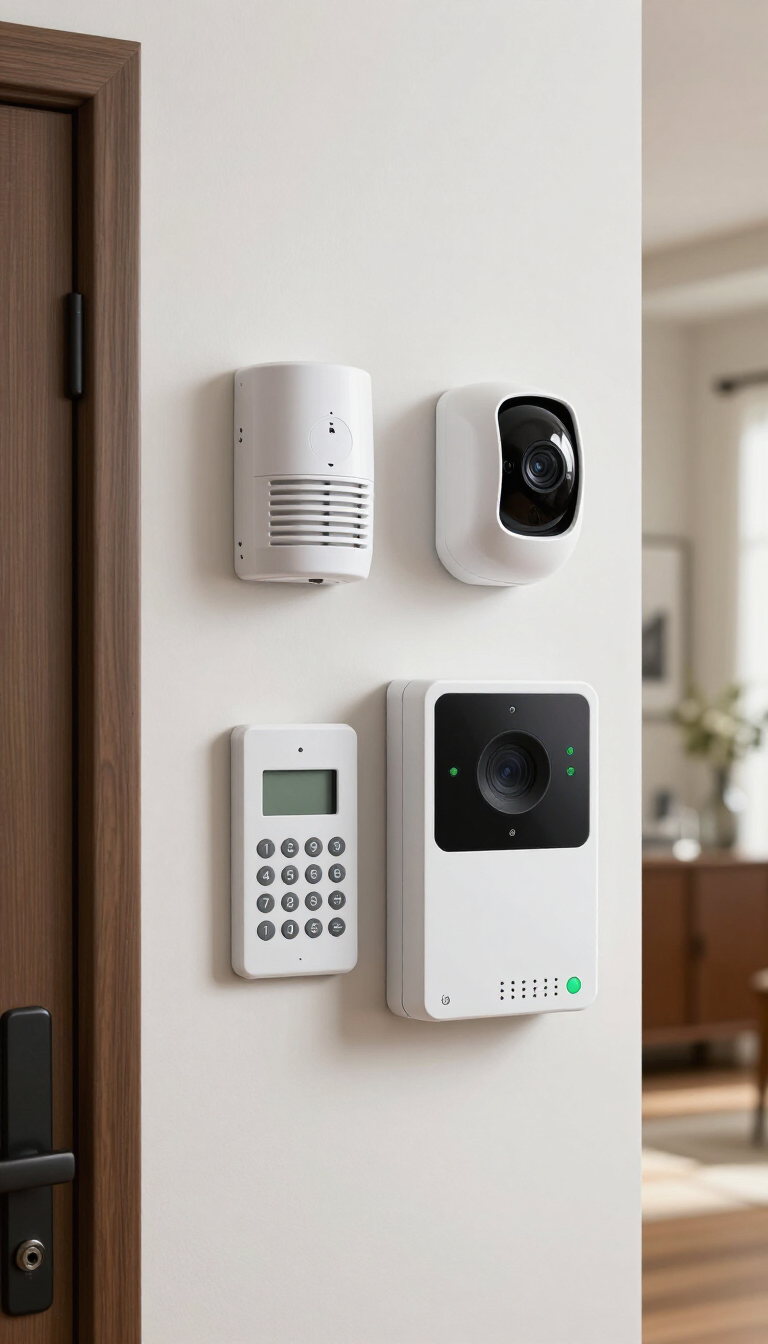 Portero automático y teclado de cámara de seguridad montados en la pared de un pasillo
