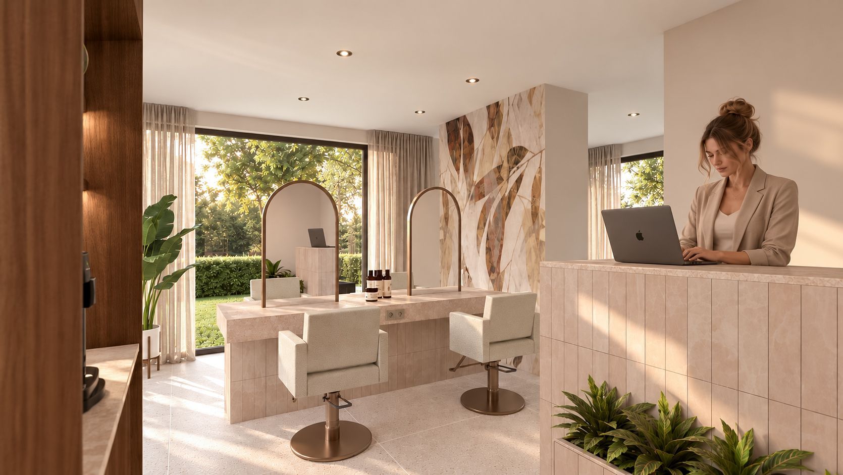Moderne salon met kappersstoelen, spiegels en een receptioniste aan de balie bij een raam waar veel licht doorheen valt
