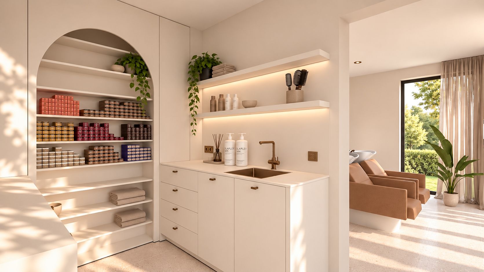 Lichte, minimalistische keuken met open planken, witte kastjes en een zonovergoten woonkamer achter een deuropening