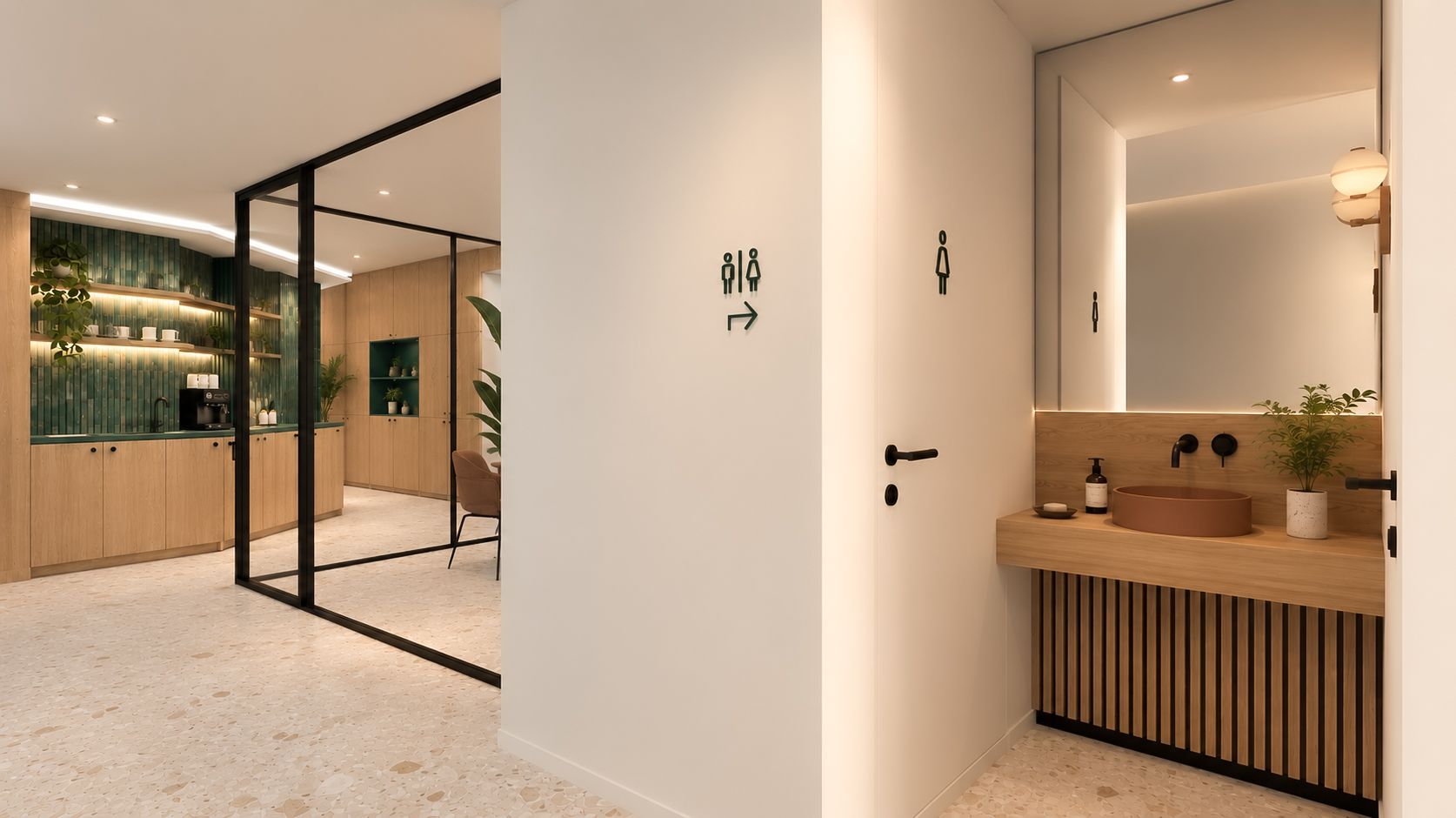 Moderne, minimalistische lobby met glazen deuren, houten accenten en een receptiebalie in een lichte hal